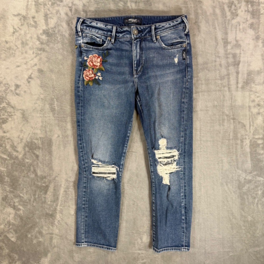 Silver‎ Mazy Slim Crop Distressed Jeans Women's 29 - 29x25 Floral Embroidered